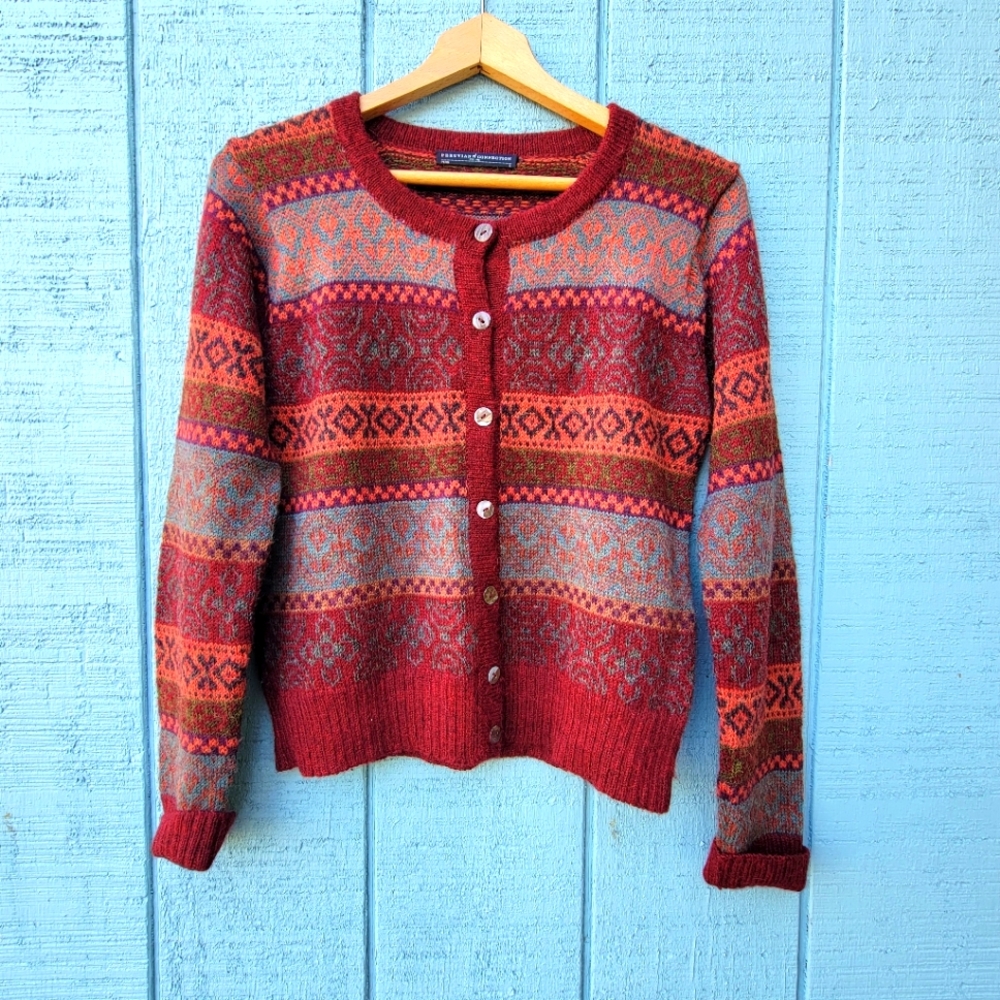 Peruvian Connection Fair Isle Nordic Cardigan 100% Alpaca S Red